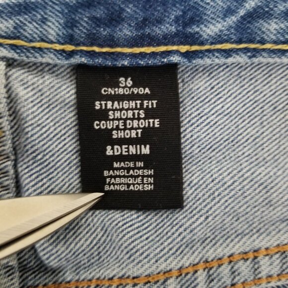 & Denim Blue Distressed Mens Sz 36 Ripped Button Fly Straight Fit Raw Hem Shorts - Picture 7 of 10